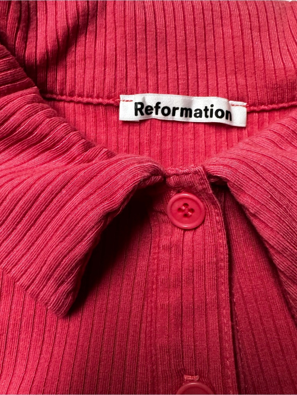 Reformation Pink Ribbed Ruched Button-Up Crop Top - Picture 2 of 5